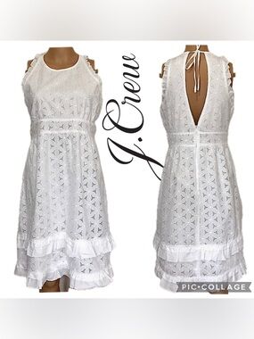 J.Crew White Eyelet Sleeveless Keyhole Back Ruffle‎ Hem Halter Dress – Size 4